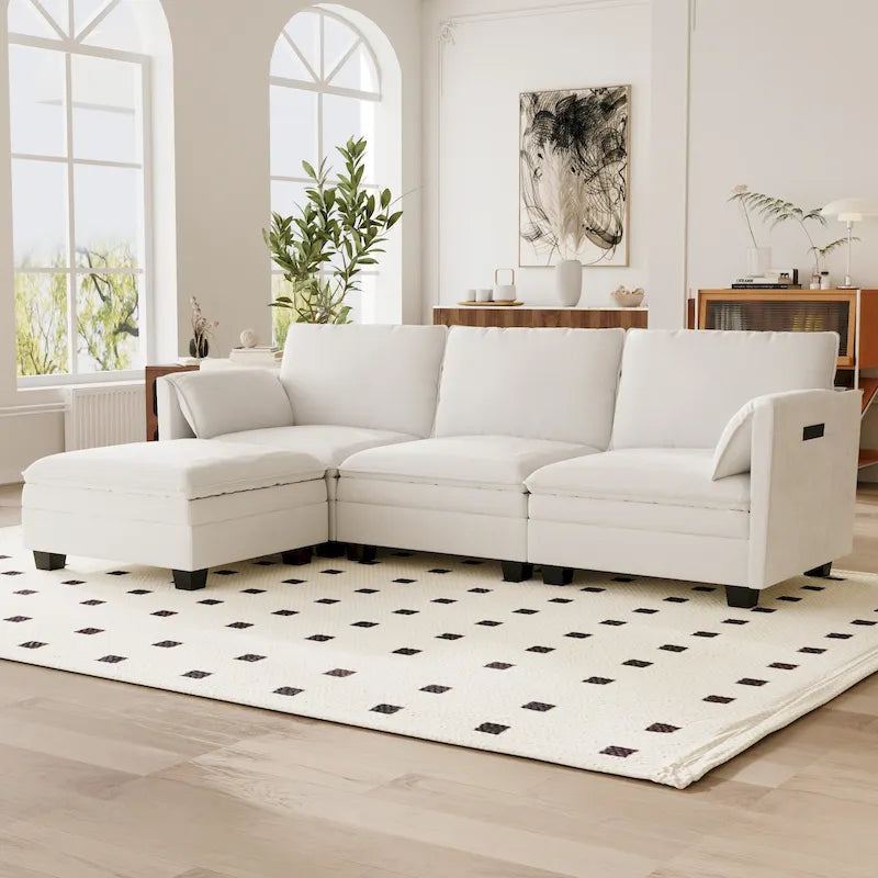 Divano a L in tessuto blu / grigio / beige con pouf, 3 posti