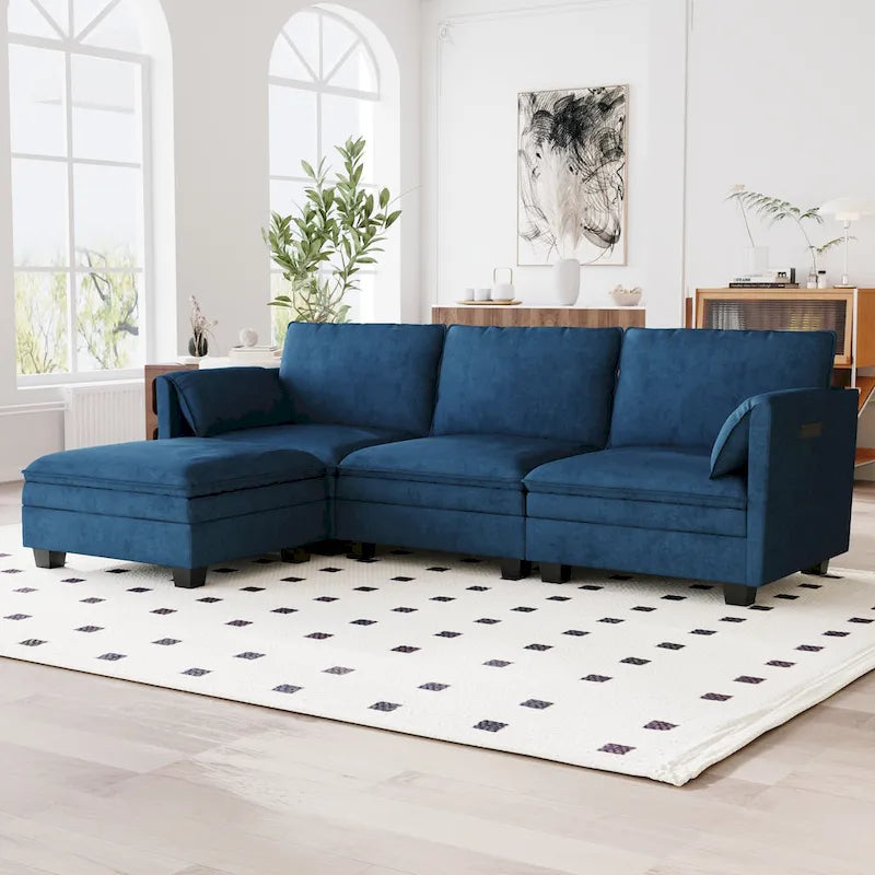 Divano a L in tessuto blu / grigio / beige con pouf, 3 posti