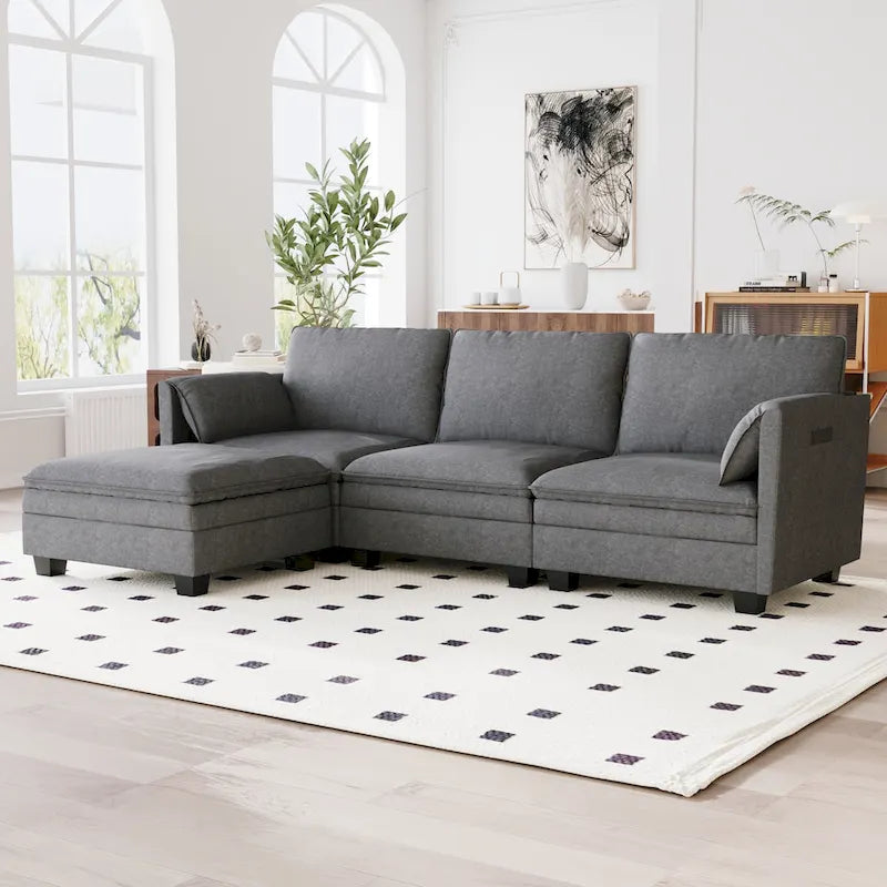 Divano a L in tessuto blu / grigio / beige con pouf, 3 posti