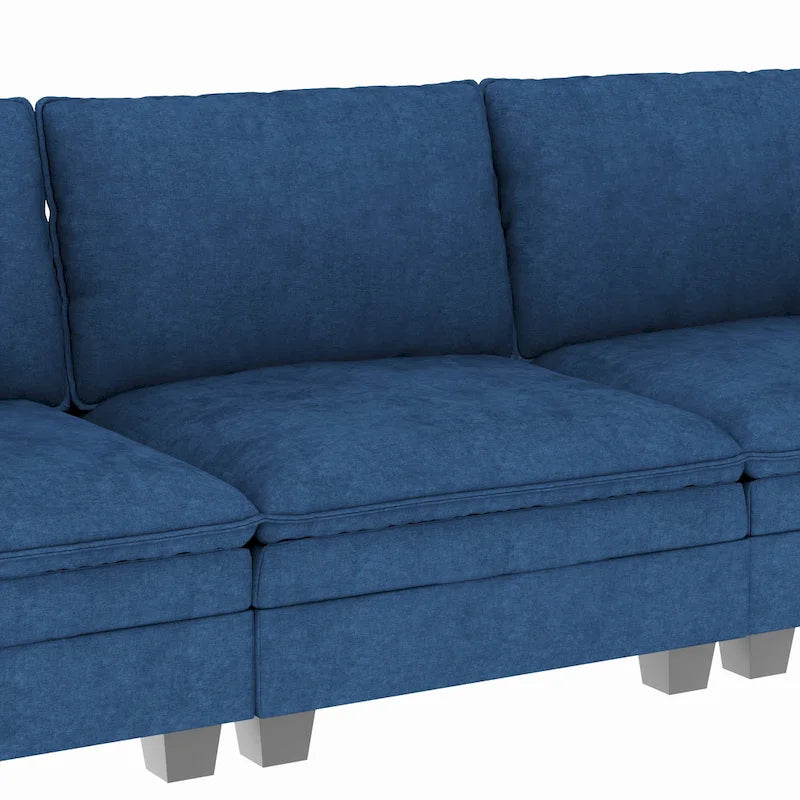 Divano a L in tessuto blu / grigio / beige con pouf, 3 posti