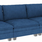 Divano a L in tessuto blu / grigio / beige con pouf, 3 posti