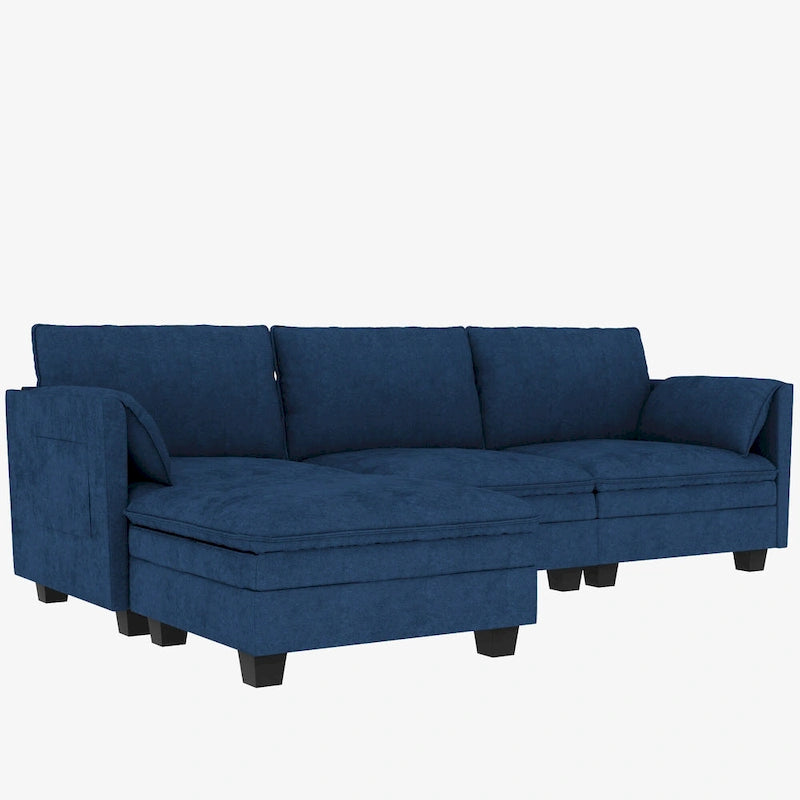 Divano a L in tessuto blu / grigio / beige con pouf, 3 posti
