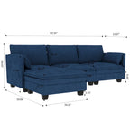 Divano a L in tessuto blu / grigio / beige con pouf, 3 posti