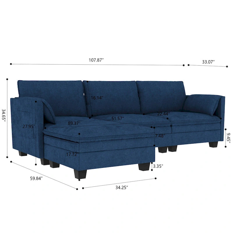 Divano a L in tessuto blu / grigio / beige con pouf, 3 posti