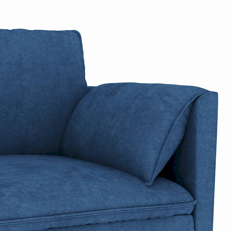 Divano a L in tessuto blu / grigio / beige con pouf, 3 posti