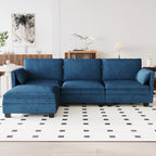 Divano a L in tessuto blu / grigio / beige con pouf, 3 posti