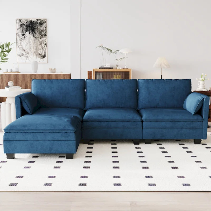 Divano a L in tessuto blu / grigio / beige con pouf, 3 posti