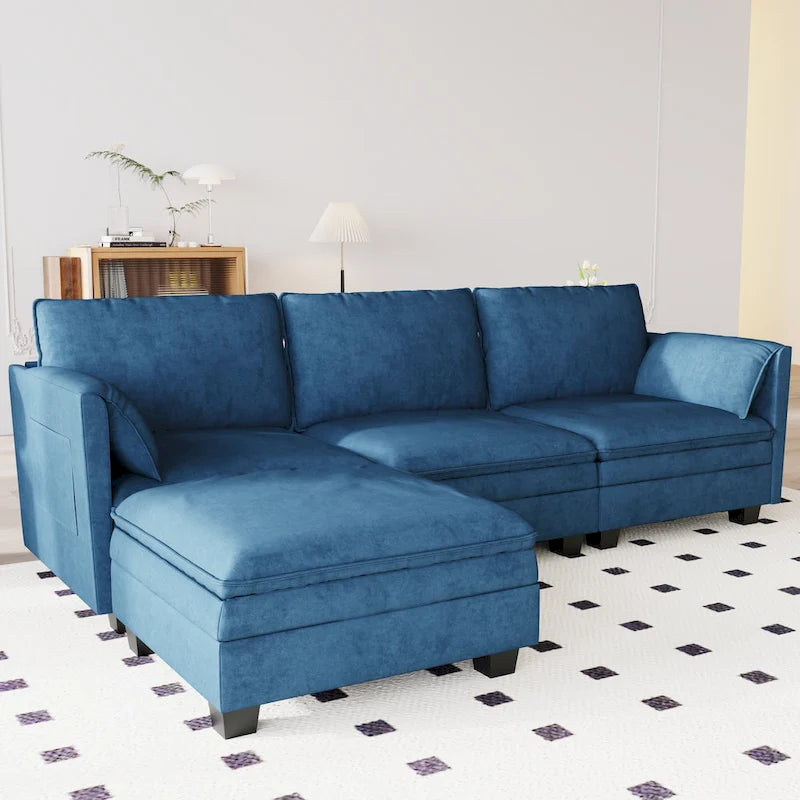 Divano a L in tessuto blu / grigio / beige con pouf, 3 posti