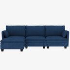 Divano a L in tessuto blu / grigio / beige con pouf, 3 posti