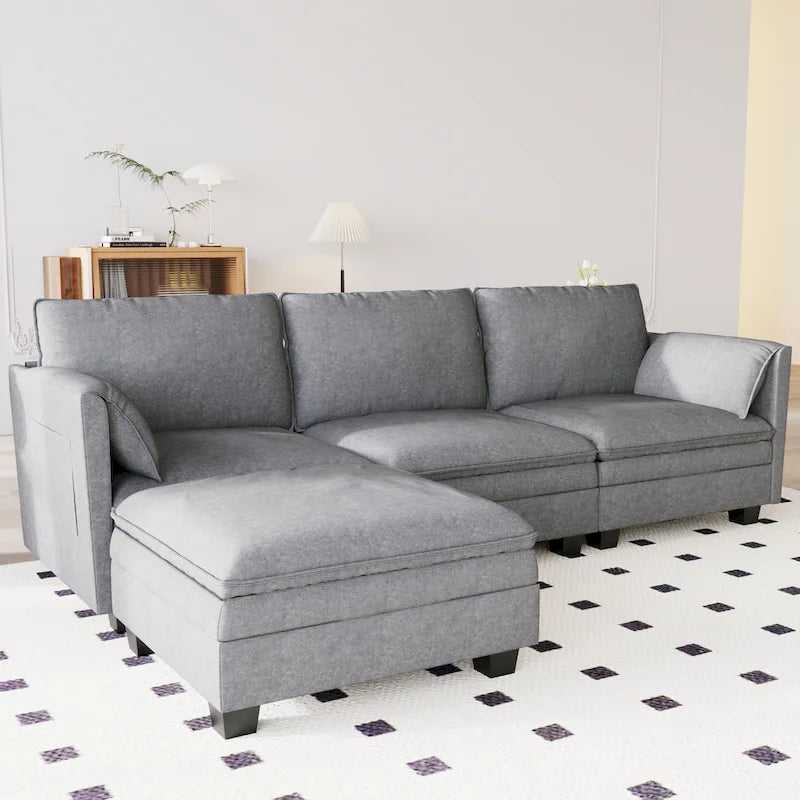 Divano a L in tessuto blu / grigio / beige con pouf, 3 posti