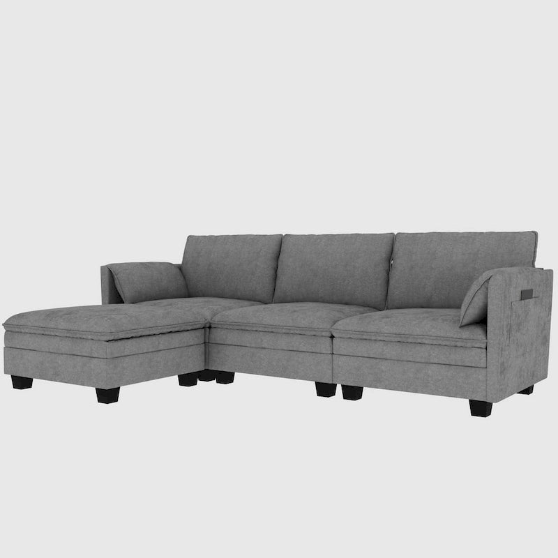 Divano a L in tessuto blu / grigio / beige con pouf, 3 posti