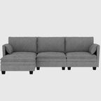 Divano a L in tessuto blu / grigio / beige con pouf, 3 posti