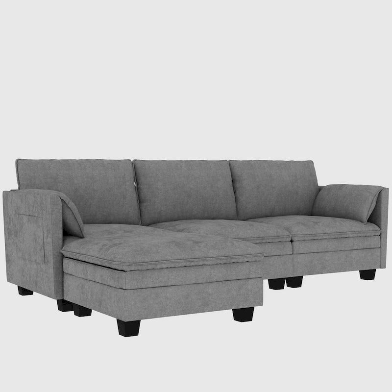 Divano a L in tessuto blu / grigio / beige con pouf, 3 posti