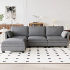 Divano a L in tessuto blu / grigio / beige con pouf, 3 posti