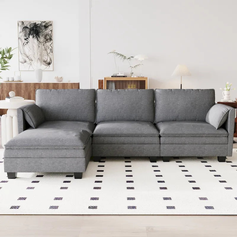 Divano a L in tessuto blu / grigio / beige con pouf, 3 posti