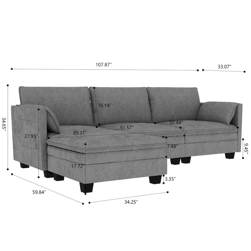 Divano a L in tessuto blu / grigio / beige con pouf, 3 posti