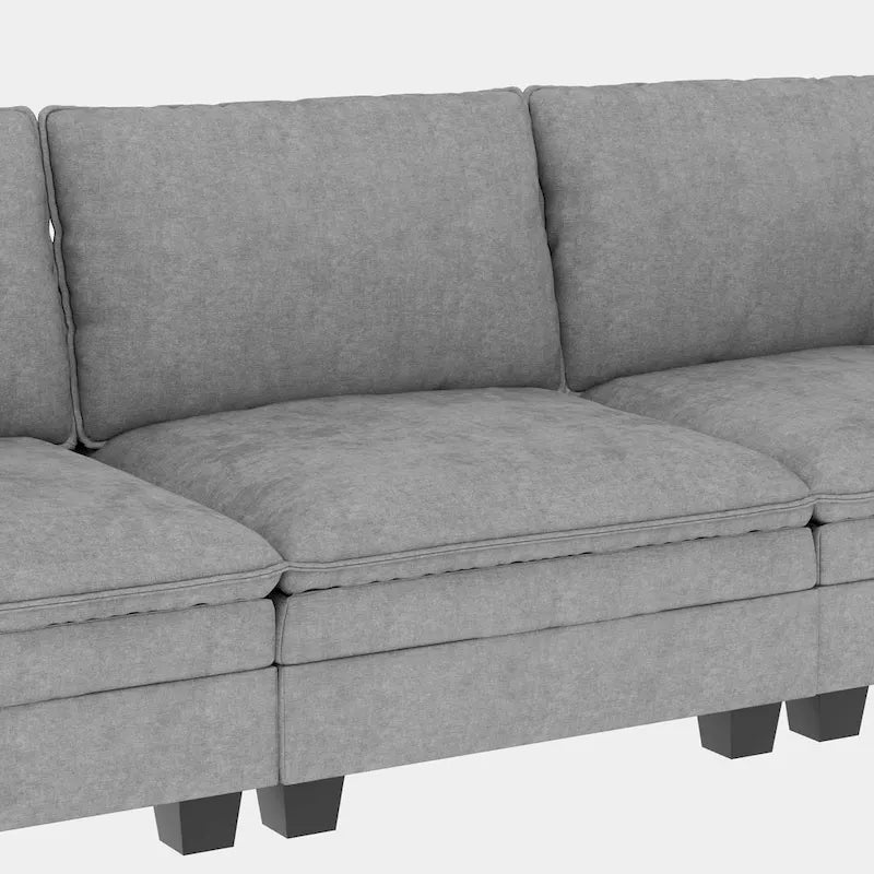 Divano a L in tessuto blu / grigio / beige con pouf, 3 posti