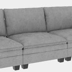 Divano a L in tessuto blu / grigio / beige con pouf, 3 posti