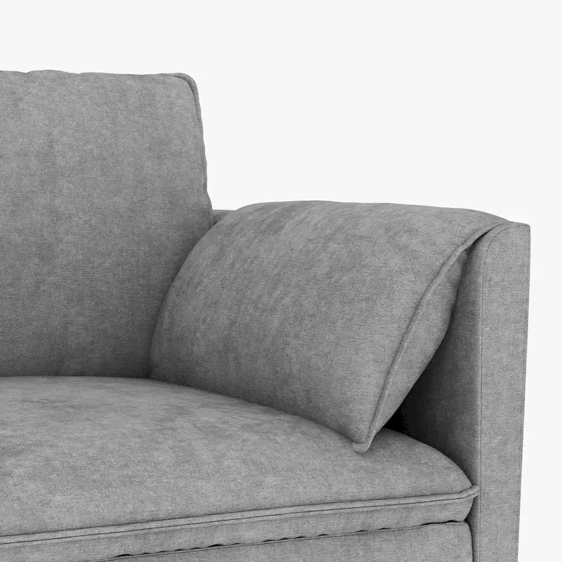 Divano a L in tessuto blu / grigio / beige con pouf, 3 posti