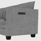 Divano a L in tessuto blu / grigio / beige con pouf, 3 posti
