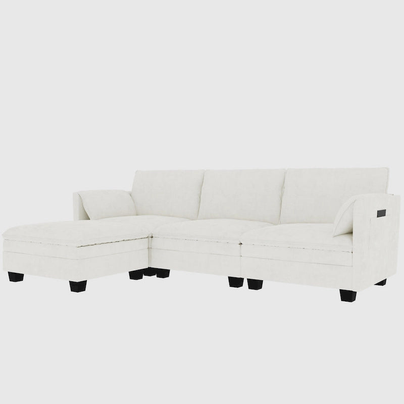 Divano a L in tessuto blu / grigio / beige con pouf, 3 posti