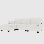 Divano a L in tessuto blu / grigio / beige con pouf, 3 posti