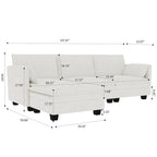 Divano a L in tessuto blu / grigio / beige con pouf, 3 posti