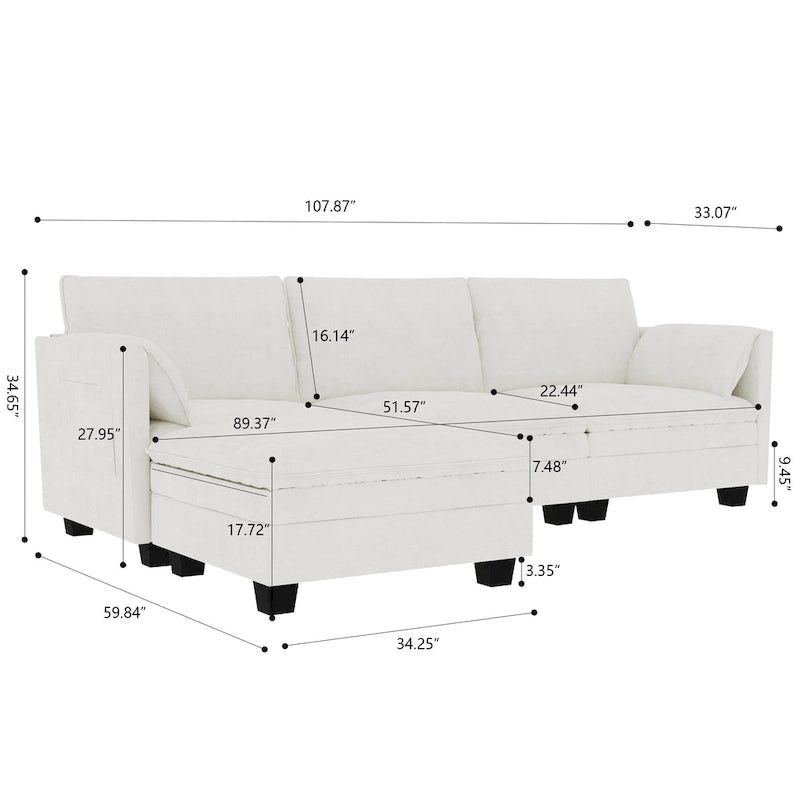 Divano a L in tessuto blu / grigio / beige con pouf, 3 posti