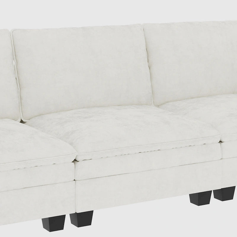Divano a L in tessuto blu / grigio / beige con pouf, 3 posti