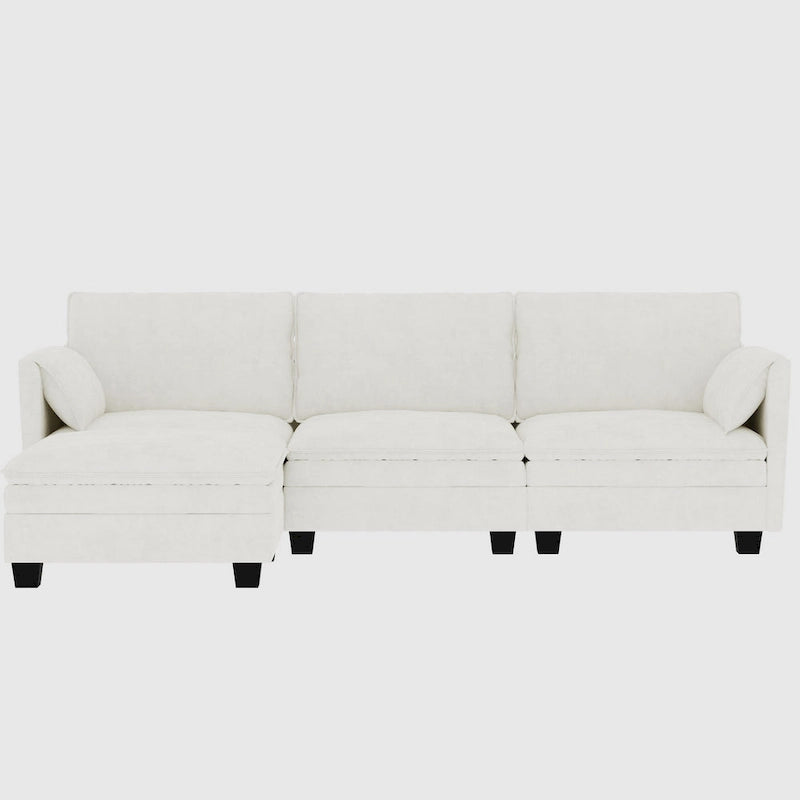 Divano a L in tessuto blu / grigio / beige con pouf, 3 posti
