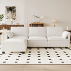 Divano a L in tessuto blu / grigio / beige con pouf, 3 posti