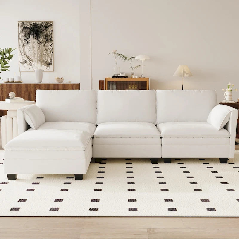 Divano a L in tessuto blu / grigio / beige con pouf, 3 posti
