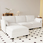 Divano a L in tessuto blu / grigio / beige con pouf, 3 posti