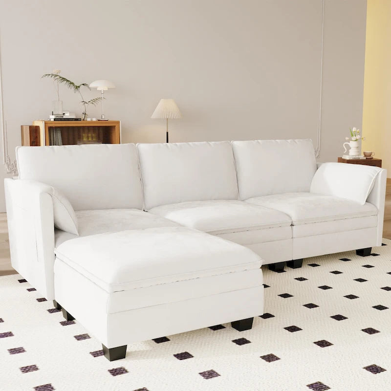 Divano a L in tessuto blu / grigio / beige con pouf, 3 posti