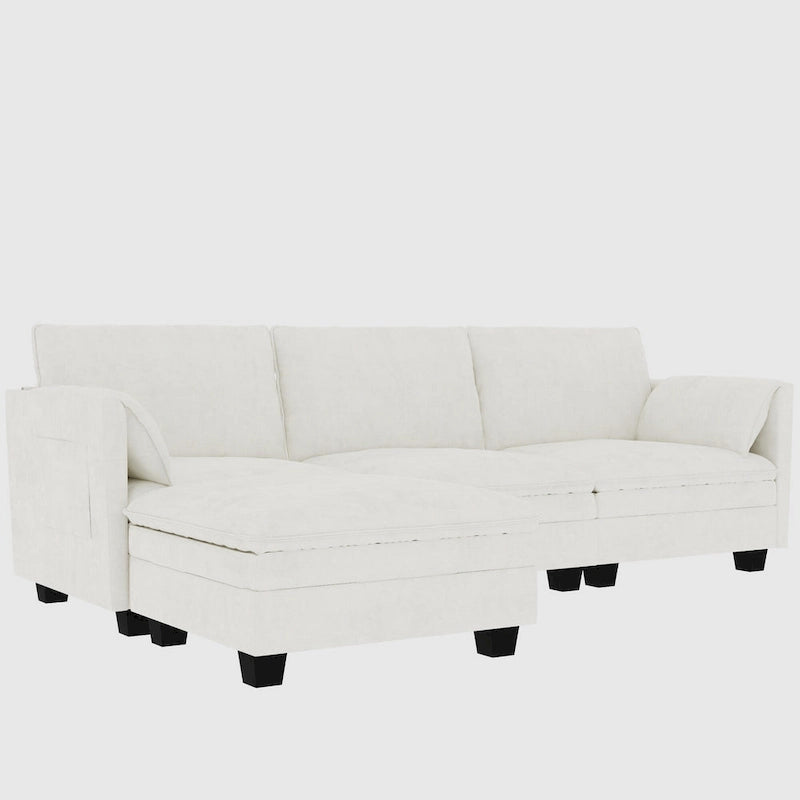 Divano a L in tessuto blu / grigio / beige con pouf, 3 posti