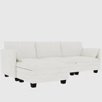Divano a L in tessuto blu / grigio / beige con pouf, 3 posti