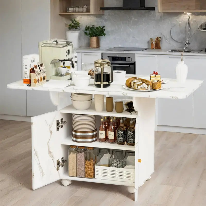 47  Wood Rolling Folding Kitchen Island with Storage Rack and Cabinet