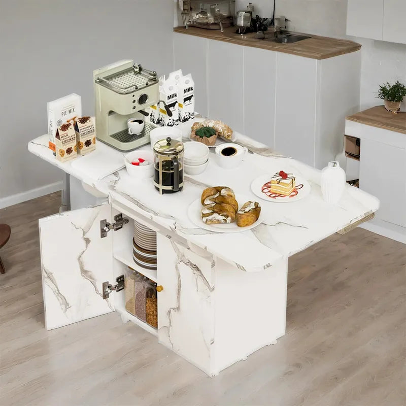 Isola cucina pieghevole e mobile con piano in marmo bianco e contenitore, posti a sedere per 4-6 persone