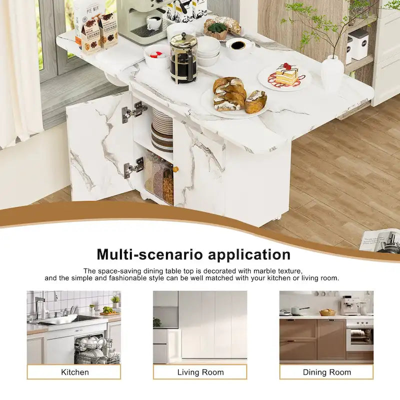 Isola cucina pieghevole e mobile con piano in marmo bianco e contenitore, posti a sedere per 4-6 persone