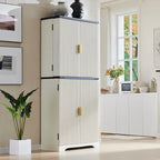 Mobile contenitore a 4 ante con scanalature, altezza 183 cm, bianco / rovere naturale / verde militare