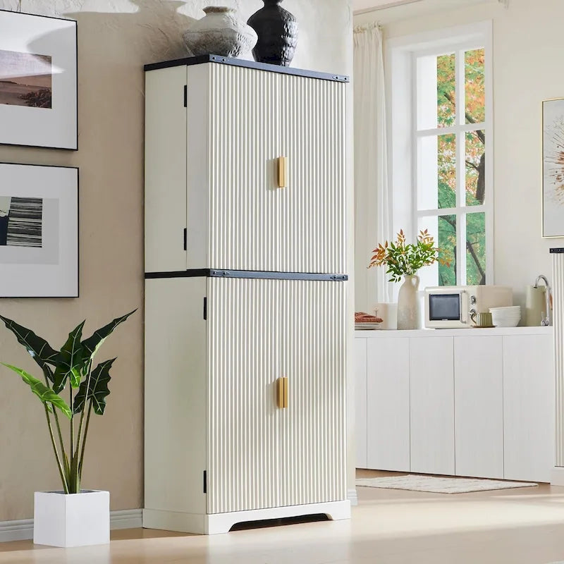 Mobile contenitore a 4 ante con scanalature, altezza 183 cm, bianco / rovere naturale / verde militare