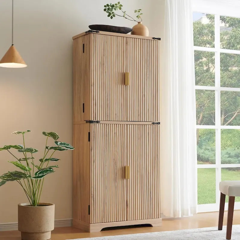Mobile contenitore a 4 ante con scanalature, altezza 183 cm, bianco / rovere naturale / verde militare