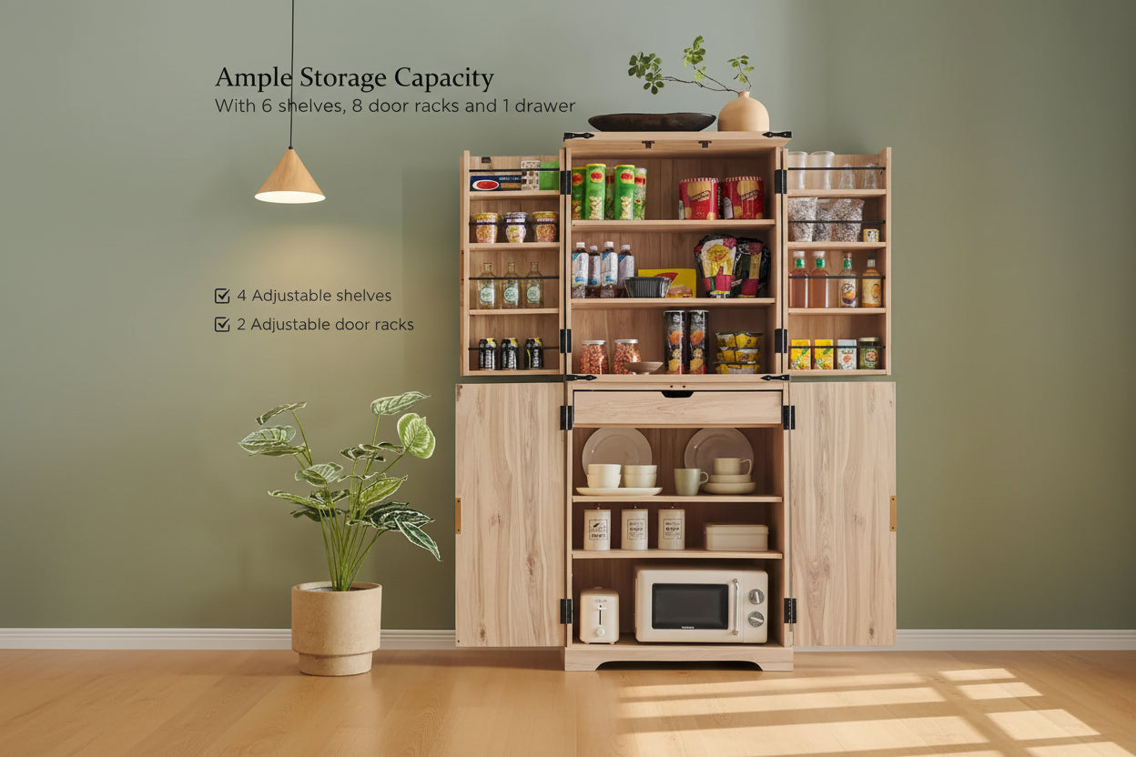 Mobile contenitore a 4 ante con scanalature, altezza 183 cm, bianco / rovere naturale / verde militare