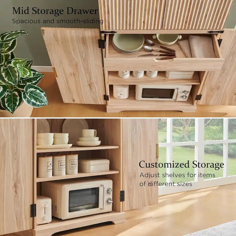 Mobile contenitore a 4 ante con scanalature, altezza 183 cm, bianco / rovere naturale / verde militare