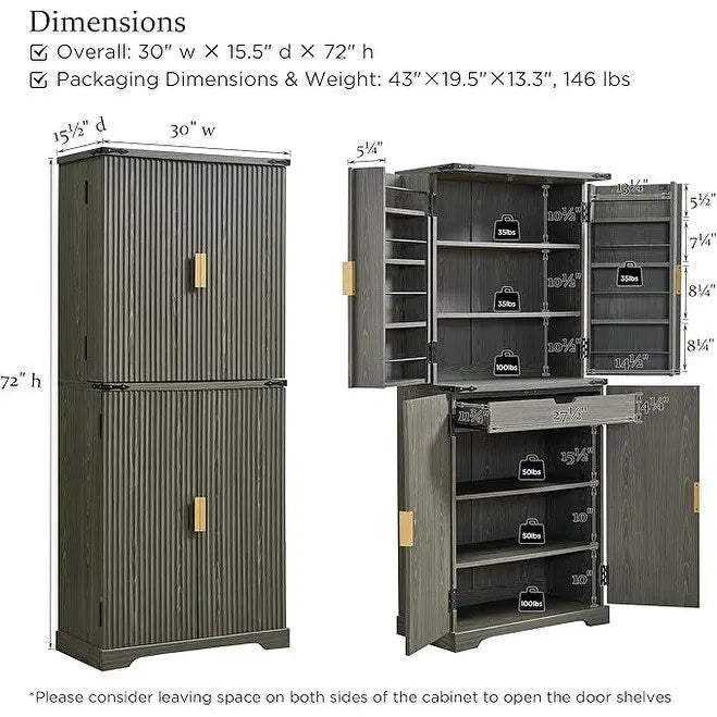 Mobile contenitore a 4 ante con scanalature, altezza 183 cm, bianco / rovere naturale / verde militare