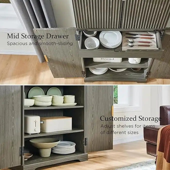 Mobile contenitore a 4 ante con scanalature, altezza 183 cm, bianco / rovere naturale / verde militare
