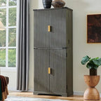 Mobile contenitore a 4 ante con scanalature, altezza 183 cm, bianco / rovere naturale / verde militare