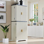 Mobile contenitore a 4 ante con scanalature, altezza 183 cm, bianco / rovere naturale / verde militare