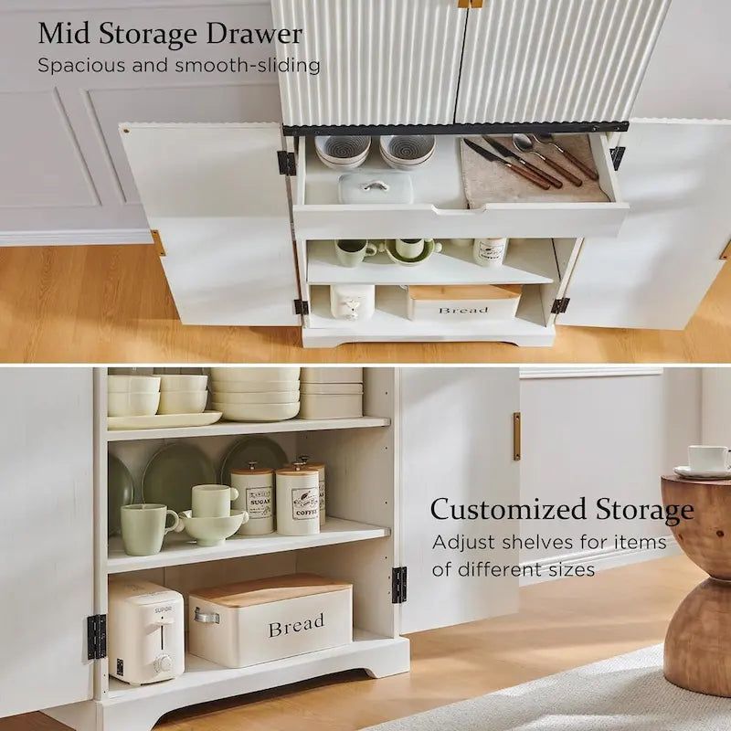 Mobile contenitore a 4 ante con scanalature, altezza 183 cm, bianco / rovere naturale / verde militare