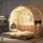 Letto per bambini in legno Naturale/Bianco/Grigio, letto a baldacchino ad arco con tenda e lavagna, per 1 bambino